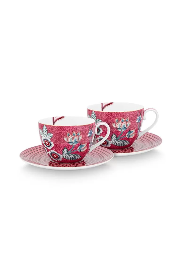 Store Flower Festival Set/2 Cappuccino Cup & Saucer Dark Pink Cups/Saucers