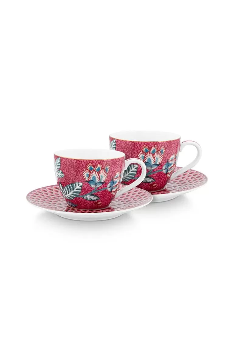 Outlet Flower Festival Set/2 Espresso Cups & Saucers Dark Porcelain Sets
