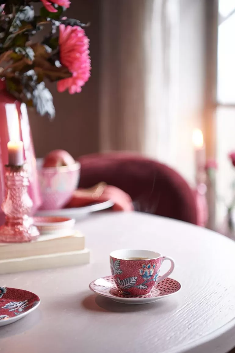 Outlet Flower Festival Set/2 Espresso Cups & Saucers Dark Porcelain Sets