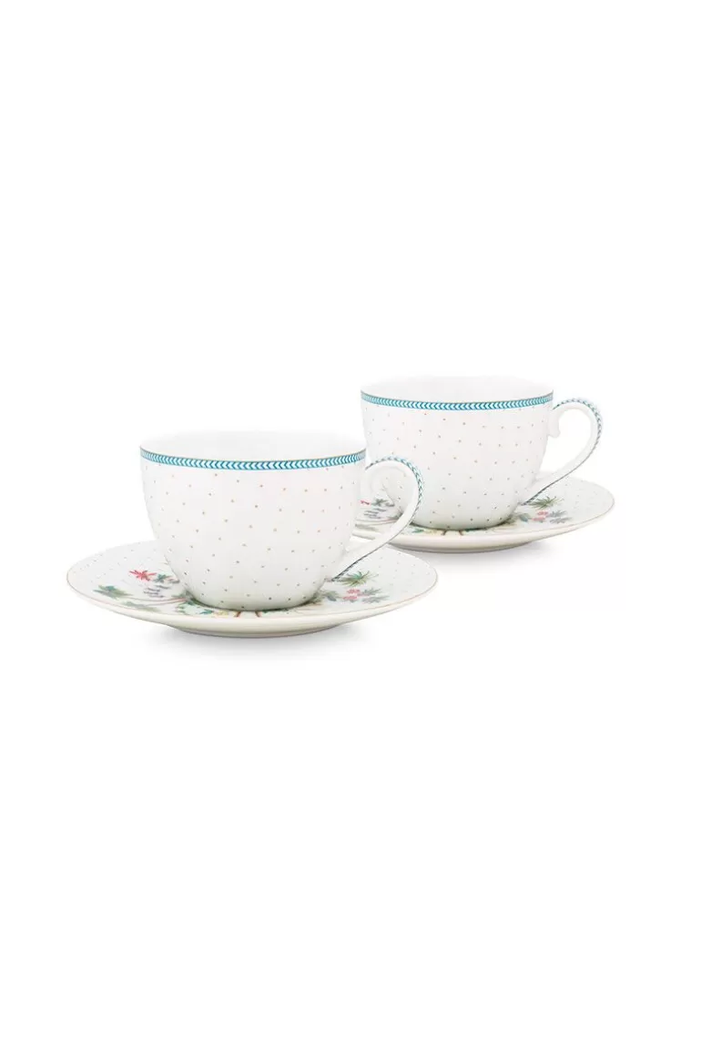 New Jolie Set/2 Cappuccino Cups & Saucers Dots Gold Porcelain Sets