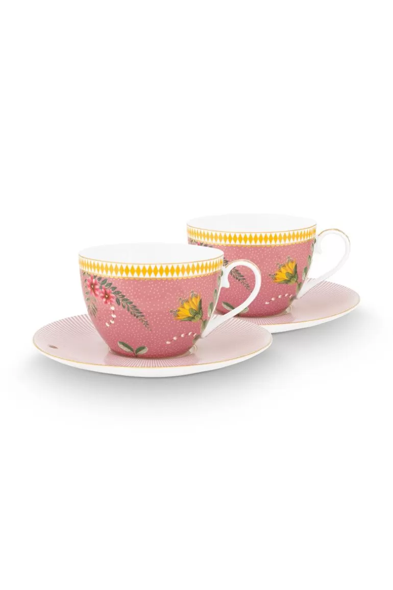 Clearance La Majorelle Set/2 Cappuccino Cups & Saucers Pink Cappuccino Cups