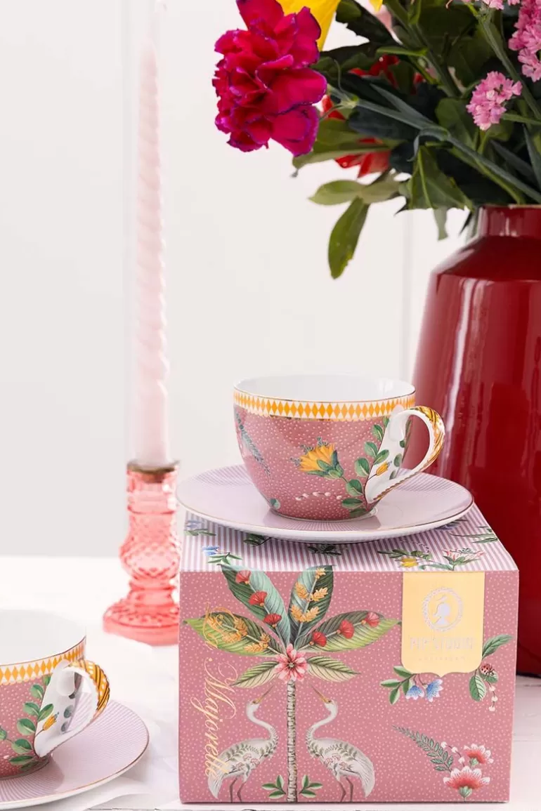 Clearance La Majorelle Set/2 Cappuccino Cups & Saucers Pink Cappuccino Cups