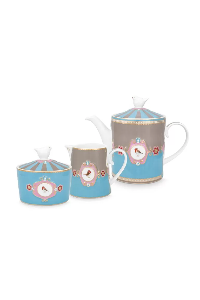 Store Love Birds Tea Set/3 Blue/Khaki Porcelain Sets