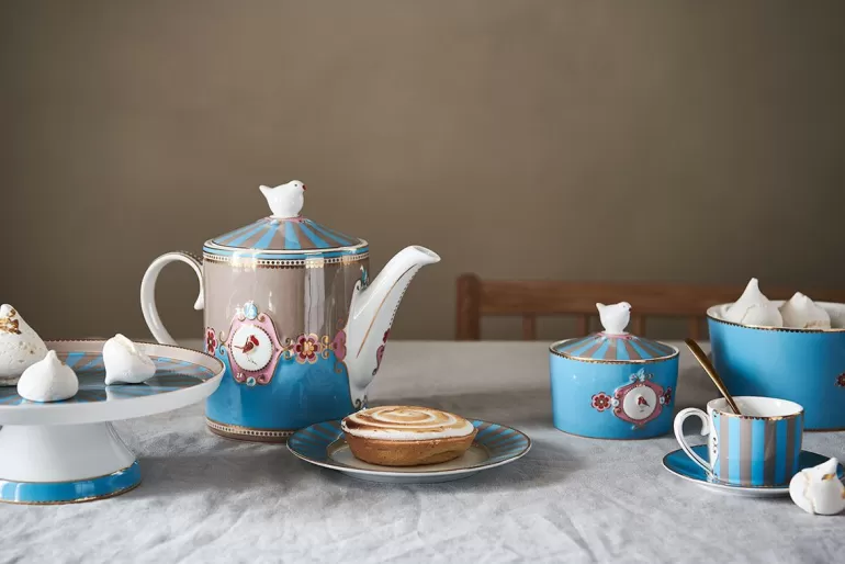 Store Love Birds Tea Set/3 Blue/Khaki Porcelain Sets